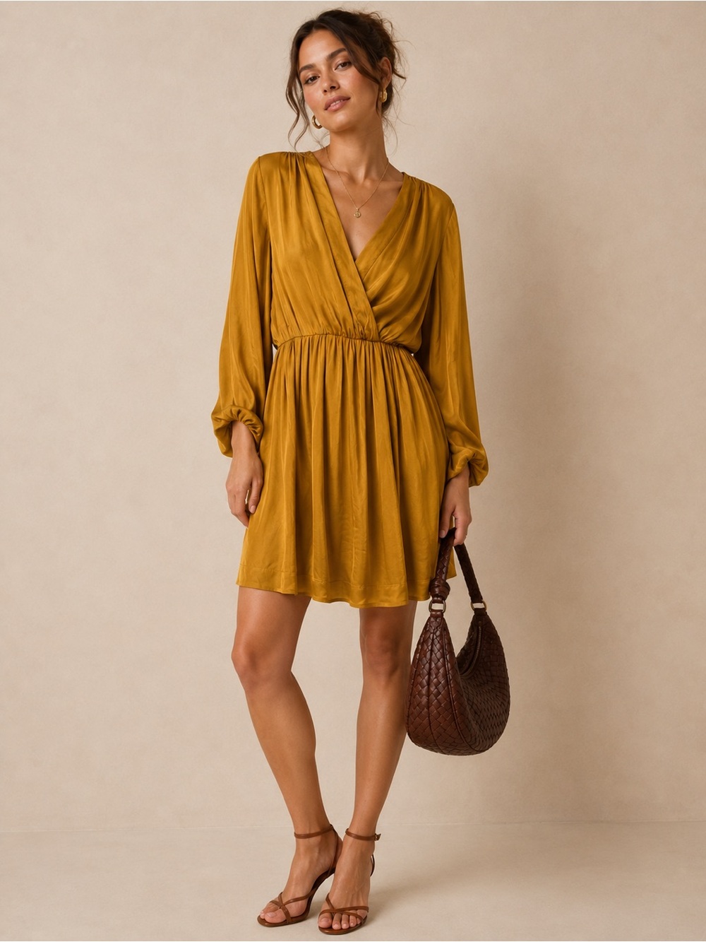 Anthropologie Long Sleeve Mustard Wrap Mini Dress New with Tags